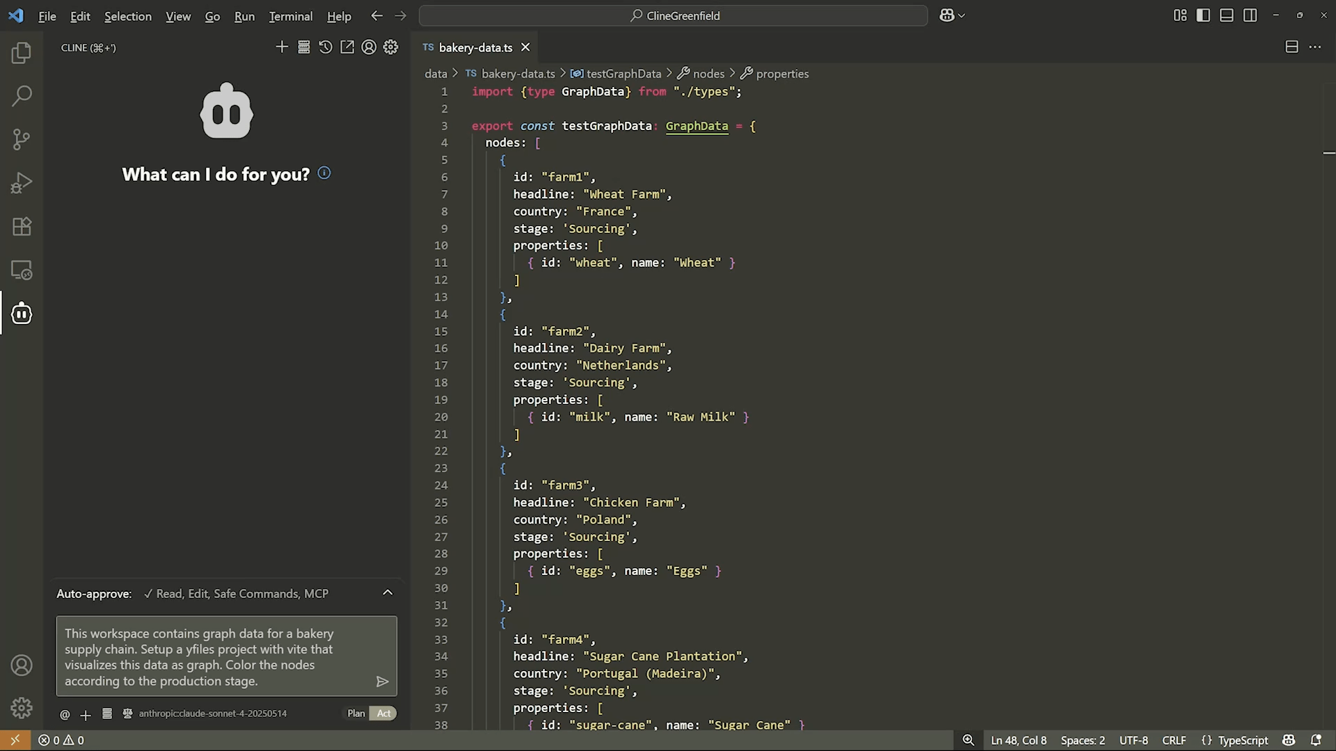 Cline Prompt in VS Code: Build a yFiles + Vite Graph from Bakery Data